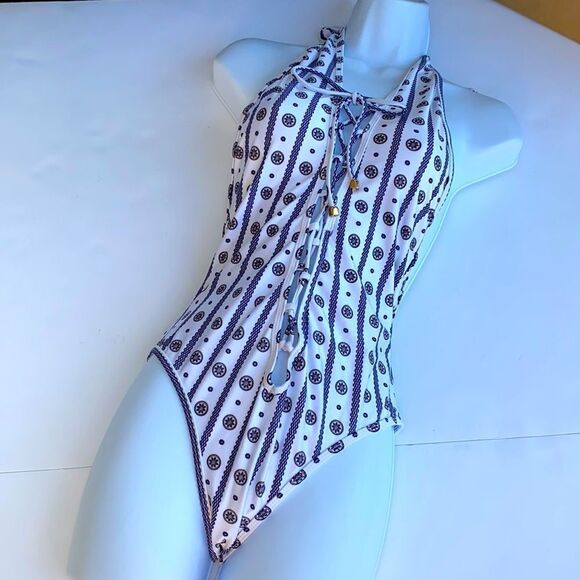 Orion Deep V Lace Up Front One Piece Swim Suit In White Navy Multi - Picture 7 of 13